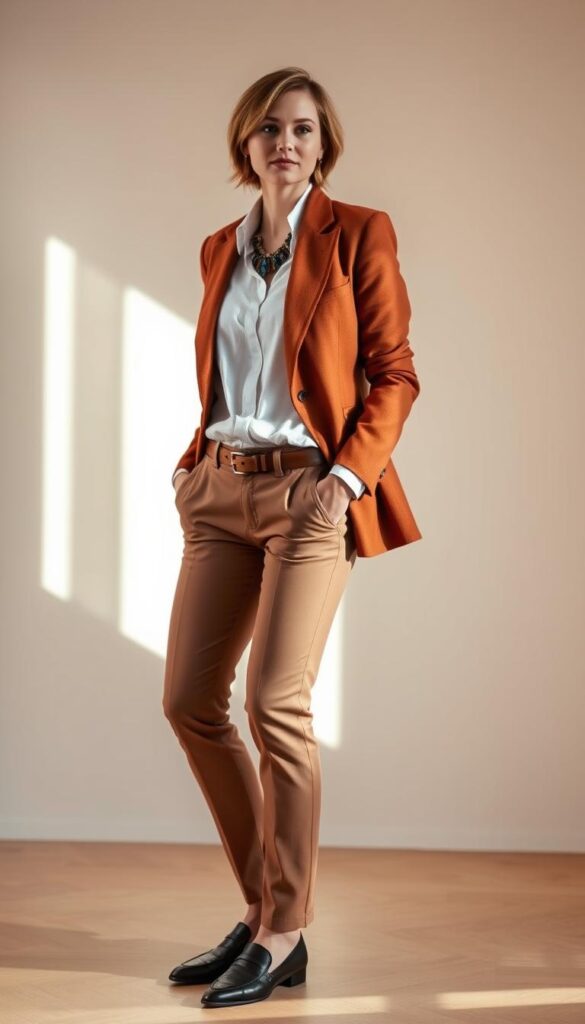 A stylish yet relaxed fashion statement outfit, featuring a well-tailored blazer in a rich, earthy tone, paired with a crisp white button-down shirt and slim-fit, high-waisted chino pants. The ensemble is accessorized with a leather belt, a bold statement necklace, and a pair of sleek, pointed-toe loafers. The lighting is soft and natural, creating a warm, inviting atmosphere, while the camera angle captures the outfit from a slightly elevated perspective, highlighting the polished, confident silhouette. The background is a minimalist, neutral-toned setting, allowing the outfit to take center stage and exude an effortless, yet sophisticated vibe. A stylish yet relaxed fashion statement outfit, featuring a well-tailored blazer in a rich, earthy tone, paired with a crisp white button-down shirt and slim-fit, high-waisted chino pants. The ensemble is accessorized with a leather belt, a bold statement necklace, and a pair of sleek, pointed-toe loafers. The lighting is soft and natural, creating a warm, inviting atmosphere, while the camera angle captures the outfit from a slightly elevated perspective, highlighting the polished, confident silhouette. The background is a minimalist, neutral-toned setting, allowing the outfit to take center stage and exude an effortless, yet sophisticated vibe.