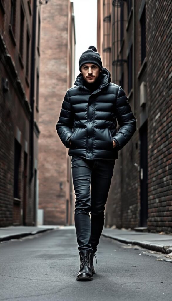 A stylishly dressed individual strolling down a gritty urban street, bundled up in a sleek, black puffer jacket. The outfit is completed with dark, slim-fit jeans, heavy-duty boots, and a structured beanie hat. The figure is framed by the towering facades of old brick buildings, their weathered surfaces casting dramatic shadows under the cool, overcast sky. The scene has an edgy, metropolitan vibe, with the puffer jacket serving as the focal point, showcasing its modern, streamlined silhouette against the rugged backdrop. A stylishly dressed individual strolling down a gritty urban street, bundled up in a sleek, black puffer jacket. The outfit is completed with dark, slim-fit jeans, heavy-duty boots, and a structured beanie hat. The figure is framed by the towering facades of old brick buildings, their weathered surfaces casting dramatic shadows under the cool, overcast sky. The scene has an edgy, metropolitan vibe, with the puffer jacket serving as the focal point, showcasing its modern, streamlined silhouette against the rugged backdrop.