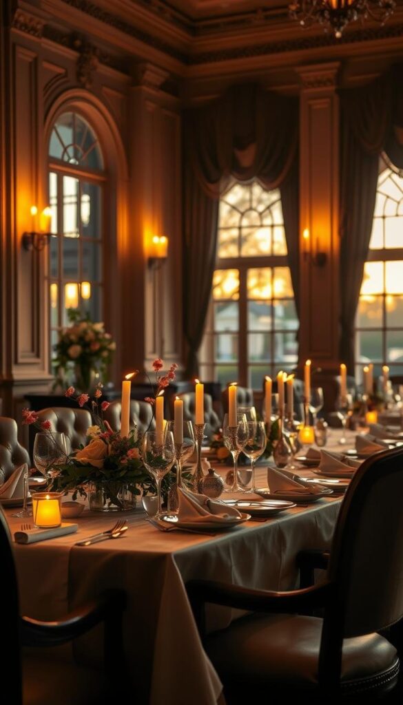 A sumptuous dining room ambiance, aglow with the warm allure of candlelight. Crisp white linens and gleaming silver adorn the elegant table, while fragrant flowers and herbs lend their aromatic enchantment. Soft leather chairs invite guests to indulge, as the mellow glow of wall sconces casts a gentle luminance, creating an atmosphere of refined sophistication. Through tall windows, the fading daylight paints the scene in a golden hue, evoking a sense of timeless elegance. The scent of rich, simmering dishes wafts through the air, beckoning the senses and setting the stage for an unforgettable dining experience. A sumptuous dining room ambiance, aglow with the warm allure of candlelight. Crisp white linens and gleaming silver adorn the elegant table, while fragrant flowers and herbs lend their aromatic enchantment. Soft leather chairs invite guests to indulge, as the mellow glow of wall sconces casts a gentle luminance, creating an atmosphere of refined sophistication. Through tall windows, the fading daylight paints the scene in a golden hue, evoking a sense of timeless elegance. The scent of rich, simmering dishes wafts through the air, beckoning the senses and setting the stage for an unforgettable dining experience.