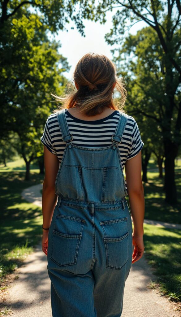 A sun-dappled afternoon, a figure strolling through a lush, verdant park. In the foreground, a pair of well-worn denim overalls, the fabric faded and softened by time, cinched at the waist with a simple leather belt. Beneath, a striped tee in muted hues of navy and white, the quintessential casual summer staple. The middle ground reveals a winding path, flanked by towering trees casting dappled shadows across the scene. In the background, a hazy horizon, the sky a soft, dreamy blue. Ambient natural lighting filters through the leaves, casting a warm, golden glow over the entire composition. Captured with a wide-angle lens to emphasize the relaxed, weekend-ready mood. A sun-dappled afternoon, a figure strolling through a lush, verdant park. In the foreground, a pair of well-worn denim overalls, the fabric faded and softened by time, cinched at the waist with a simple leather belt. Beneath, a striped tee in muted hues of navy and white, the quintessential casual summer staple. The middle ground reveals a winding path, flanked by towering trees casting dappled shadows across the scene. In the background, a hazy horizon, the sky a soft, dreamy blue. Ambient natural lighting filters through the leaves, casting a warm, golden glow over the entire composition. Captured with a wide-angle lens to emphasize the relaxed, weekend-ready mood.