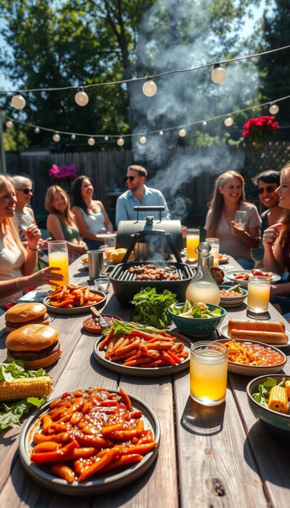 A sun-dappled backyard scene, a rustic wooden picnic table set with grilling essentials - sizzling burgers, juicy hot dogs, a tray of baked beans, corn on the cob, crisp salad, and a pitcher of lemonade. In the background, a charcoal grill emits tendrils of fragrant smoke, while vibrant floral arrangements and string lights add a festive touch. Guests gather around, laughing and enjoying the warm summer breeze. The image is captured with a wide-angle lens, creating a sense of cozy, intimate atmosphere perfect for a backyard barbecue. A sun-dappled backyard scene, a rustic wooden picnic table set with grilling essentials - sizzling burgers, juicy hot dogs, a tray of baked beans, corn on the cob, crisp salad, and a pitcher of lemonade. In the background, a charcoal grill emits tendrils of fragrant smoke, while vibrant floral arrangements and string lights add a festive touch. Guests gather around, laughing and enjoying the warm summer breeze. The image is captured with a wide-angle lens, creating a sense of cozy, intimate atmosphere perfect for a backyard barbecue.