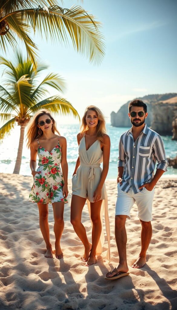 A sun-dappled beach scene, the sand warm underfoot. In the foreground, three stylish models pose in chic vacation attire - a bright floral sundress, a breezy linen romper, and a striped button-down with crisp white shorts. Their outfits are effortlessly chic, combining comfort and style for a perfect day by the ocean. The middle ground features swaying palm trees and a sparkling azure sea, while the background showcases a picturesque coastline with rugged cliffs. Soft, diffused lighting bathes the scene in a golden glow, creating a relaxed, inviting atmosphere. The overall impression is one of carefree, laid-back luxury - the epitome of a dream beach vacation. A sun-dappled beach scene, the sand warm underfoot. In the foreground, three stylish models pose in chic vacation attire - a bright floral sundress, a breezy linen romper, and a striped button-down with crisp white shorts. Their outfits are effortlessly chic, combining comfort and style for a perfect day by the ocean. The middle ground features swaying palm trees and a sparkling azure sea, while the background showcases a picturesque coastline with rugged cliffs. Soft, diffused lighting bathes the scene in a golden glow, creating a relaxed, inviting atmosphere. The overall impression is one of carefree, laid-back luxury - the epitome of a dream beach vacation.