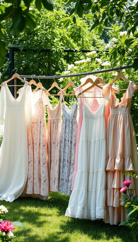A sun-dappled garden, lush with verdant foliage and blooming flowers, sets the stage for a harmonious display of effortless summer dresses. In the foreground, a variety of flowing silhouettes cascade gracefully - from airy, bohemian maxis to playful, ruffled mini dresses, each style offering a carefree and chic aesthetic. The middle ground showcases a range of pastel hues, floral prints, and subtle textures, creating a visually captivating ensemble. Soft, diffused lighting bathes the scene, evoking a warm, summery ambiance and highlighting the delicate, feminine details of the dresses. The overall mood is one of relaxed elegance, perfectly capturing the essence of effortless sundress style. A sun-dappled garden, lush with verdant foliage and blooming flowers, sets the stage for a harmonious display of effortless summer dresses. In the foreground, a variety of flowing silhouettes cascade gracefully - from airy, bohemian maxis to playful, ruffled mini dresses, each style offering a carefree and chic aesthetic. The middle ground showcases a range of pastel hues, floral prints, and subtle textures, creating a visually captivating ensemble. Soft, diffused lighting bathes the scene, evoking a warm, summery ambiance and highlighting the delicate, feminine details of the dresses. The overall mood is one of relaxed elegance, perfectly capturing the essence of effortless sundress style.