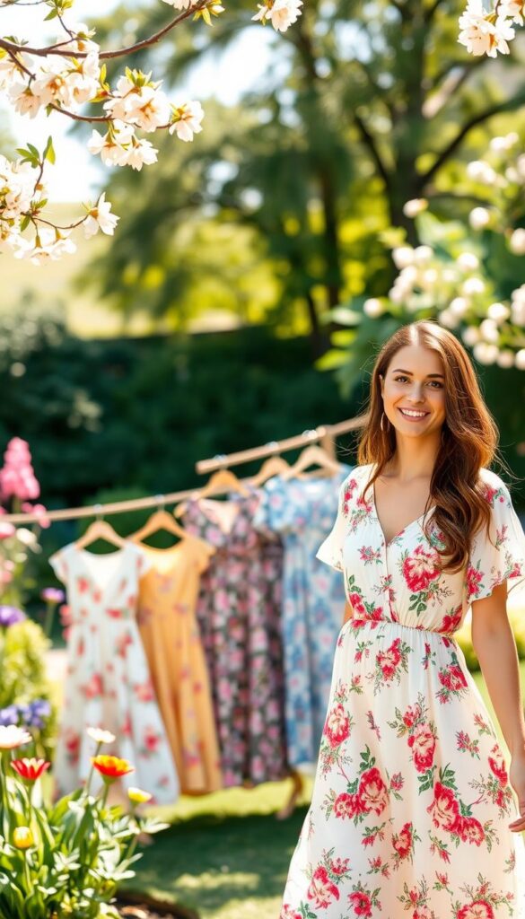 A sun-dappled garden scene, showcasing a collection of versatile midi floral dresses in a variety of vibrant, spring-inspired hues. The dresses are depicted with an emphasis on their flowing, flattering silhouettes, intricate floral patterns, and delicate, feminine details. The foreground features a close-up of a model casually posing in one of the dresses, her expression serene and radiant. The middle ground presents a curated selection of the dresses, arranged in a visually appealing manner to highlight their versatility for various spring occasions. The background depicts a lush, verdant garden setting, with blooming flowers and a soft, diffused natural light creating a warm, inviting atmosphere. The overall composition conveys a sense of effortless style, springtime joy, and the perfect blend of comfort and elegance. A sun-dappled garden scene, showcasing a collection of versatile midi floral dresses in a variety of vibrant, spring-inspired hues. The dresses are depicted with an emphasis on their flowing, flattering silhouettes, intricate floral patterns, and delicate, feminine details. The foreground features a close-up of a model casually posing in one of the dresses, her expression serene and radiant. The middle ground presents a curated selection of the dresses, arranged in a visually appealing manner to highlight their versatility for various spring occasions. The background depicts a lush, verdant garden setting, with blooming flowers and a soft, diffused natural light creating a warm, inviting atmosphere. The overall composition conveys a sense of effortless style, springtime joy, and the perfect blend of comfort and elegance.