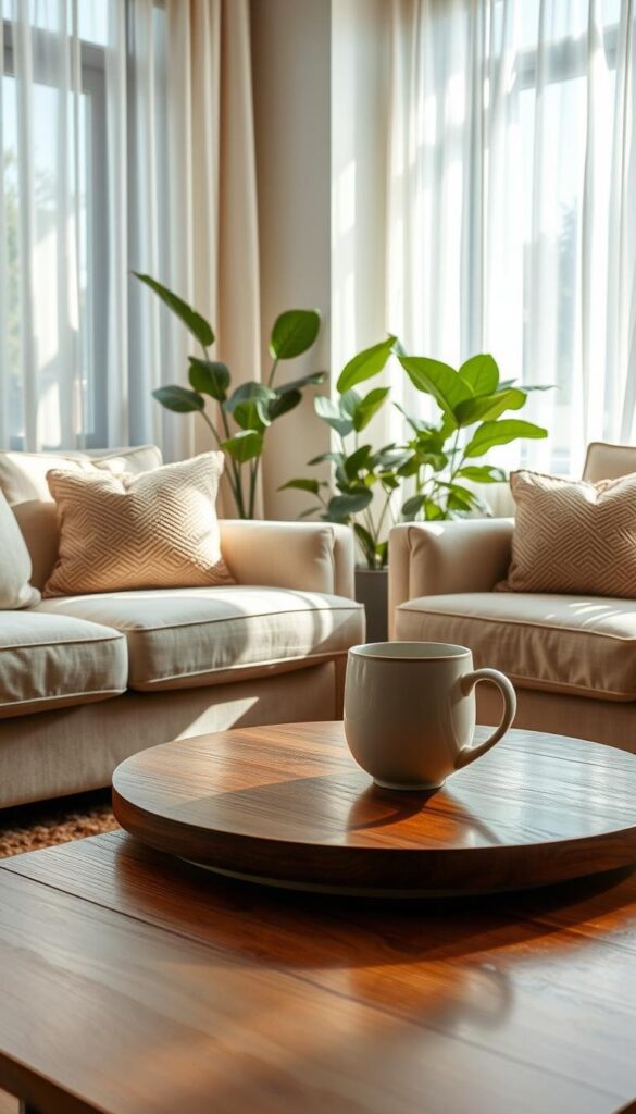 A sun-dappled living room with a plush beige sofa and armchair, accented by textured throw pillows in warm latte tones. On the coffee table, a ceramic latte art mug casts a soft reflection on the polished wood surface. Lush indoor plants and a cozy area rug in earthy hues complete the serene, inviting atmosphere. Diffused natural light filters through sheer curtains, creating a gentle, soothing ambiance. The composition is captured from a slightly elevated angle, highlighting the harmonious blend of tones and textures that evoke a sense of comforting, lived-in luxury. A sun-dappled living room with a plush beige sofa and armchair, accented by textured throw pillows in warm latte tones. On the coffee table, a ceramic latte art mug casts a soft reflection on the polished wood surface. Lush indoor plants and a cozy area rug in earthy hues complete the serene, inviting atmosphere. Diffused natural light filters through sheer curtains, creating a gentle, soothing ambiance. The composition is captured from a slightly elevated angle, highlighting the harmonious blend of tones and textures that evoke a sense of comforting, lived-in luxury.