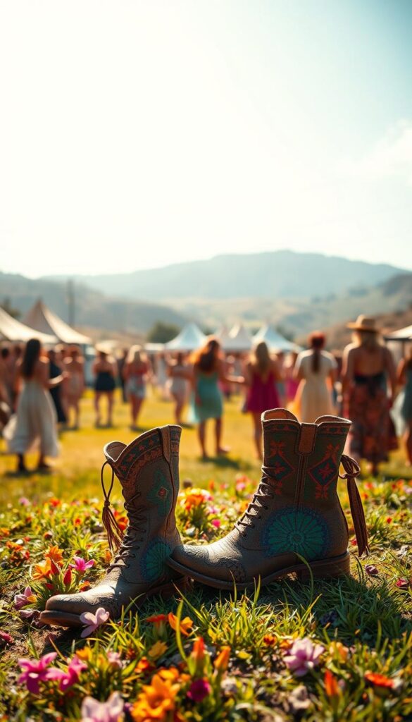 A sun-dappled outdoor festival scene, showcasing a pair of colorful, boho-inspired leather boots. The foreground features the boots, adorned with intricate patterns and stitching, placed atop a vibrant floral and grass-covered ground. In the middle ground, a lively crowd of festival-goers in eclectic, flowing attire mingle and dance, creating a sense of joyful energy. The background reveals a backdrop of rolling hills, dotted with tents and decorated with strings of twinkling lights, evoking a magical, adventurous atmosphere. The lighting is warm and natural, casting a golden glow across the scene, and the camera angle is slightly elevated, providing a sweeping, panoramic view. The overall mood is one of carefree, bohemian spirit, perfectly capturing the essence of festival and outdoor adventure boot styling. A sun-dappled outdoor festival scene, showcasing a pair of colorful, boho-inspired leather boots. The foreground features the boots, adorned with intricate patterns and stitching, placed atop a vibrant floral and grass-covered ground. In the middle ground, a lively crowd of festival-goers in eclectic, flowing attire mingle and dance, creating a sense of joyful energy. The background reveals a backdrop of rolling hills, dotted with tents and decorated with strings of twinkling lights, evoking a magical, adventurous atmosphere. The lighting is warm and natural, casting a golden glow across the scene, and the camera angle is slightly elevated, providing a sweeping, panoramic view. The overall mood is one of carefree, bohemian spirit, perfectly capturing the essence of festival and outdoor adventure boot styling.