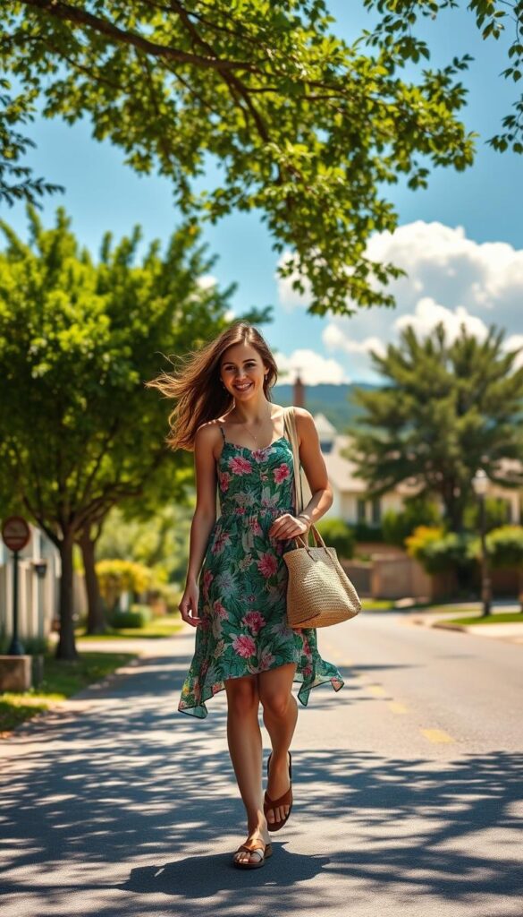 A sun-dappled outdoor scene, a young woman strolling down a tree-lined street in a casual summer outfit. In the foreground, she wears a flowing, knee-length sundress in a vibrant floral print, paired with comfortable leather sandals. Her hair is tousled by a gentle breeze, and she carries a straw tote bag slung over her shoulder. In the middle ground, lush green foliage frames the scene, casting dappled shadows across the path. The background is a picturesque neighborhood, with quaint houses and a clear blue sky dotted with fluffy white clouds. The overall mood is relaxed, warm, and effortlessly stylish, capturing the essence of summer casual wear. A sun-dappled outdoor scene, a young woman strolling down a tree-lined street in a casual summer outfit. In the foreground, she wears a flowing, knee-length sundress in a vibrant floral print, paired with comfortable leather sandals. Her hair is tousled by a gentle breeze, and she carries a straw tote bag slung over her shoulder. In the middle ground, lush green foliage frames the scene, casting dappled shadows across the path. The background is a picturesque neighborhood, with quaint houses and a clear blue sky dotted with fluffy white clouds. The overall mood is relaxed, warm, and effortlessly stylish, capturing the essence of summer casual wear.