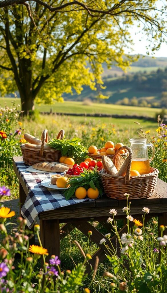 A sun-dappled outdoor setting, a picturesque spring scene. A rustic wooden table adorned with a checkered picnic blanket, woven baskets brimming with fresh seasonal produce, artisanal breads, and a pitcher of lemonade. Colorful wildflowers and lush greenery surround the scene, creating a cozy and inviting atmosphere. Soft natural lighting filters through the canopy of trees, casting a warm glow over the gathering. In the distance, a rolling meadow stretches out, hinting at the gentle beauty of the countryside. This is a place of simple pleasures, where friends and family can come together to savor the essence of spring and the joy of an outdoor gathering. A sun-dappled outdoor setting, a picturesque spring scene. A rustic wooden table adorned with a checkered picnic blanket, woven baskets brimming with fresh seasonal produce, artisanal breads, and a pitcher of lemonade. Colorful wildflowers and lush greenery surround the scene, creating a cozy and inviting atmosphere. Soft natural lighting filters through the canopy of trees, casting a warm glow over the gathering. In the distance, a rolling meadow stretches out, hinting at the gentle beauty of the countryside. This is a place of simple pleasures, where friends and family can come together to savor the essence of spring and the joy of an outdoor gathering.
