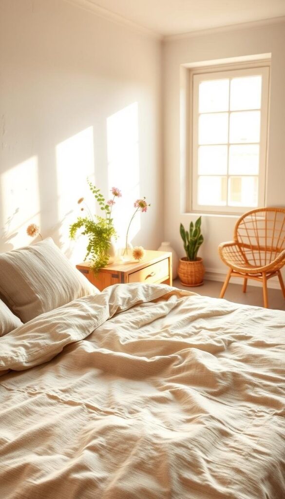 A sun-drenched, airy bedroom with natural textures that create a serene, refreshing ambiance. In the foreground, a textured linen duvet cover in a soft, earthy beige hue, complemented by plush, natural fiber pillows. The middle ground features a rustic wooden nightstand with a lush, trailing potted plant and a delicate glass vase of fresh wildflowers. Warm, diffused lighting from a large window washes the scene in a gentle, golden glow, casting soft shadows across the textured whitewashed walls. The background showcases a woven rattan chair and a natural fiber area rug, blending harmoniously to evoke a tranquil, nature-inspired retreat. A sun-drenched, airy bedroom with natural textures that create a serene, refreshing ambiance. In the foreground, a textured linen duvet cover in a soft, earthy beige hue, complemented by plush, natural fiber pillows. The middle ground features a rustic wooden nightstand with a lush, trailing potted plant and a delicate glass vase of fresh wildflowers. Warm, diffused lighting from a large window washes the scene in a gentle, golden glow, casting soft shadows across the textured whitewashed walls. The background showcases a woven rattan chair and a natural fiber area rug, blending harmoniously to evoke a tranquil, nature-inspired retreat.