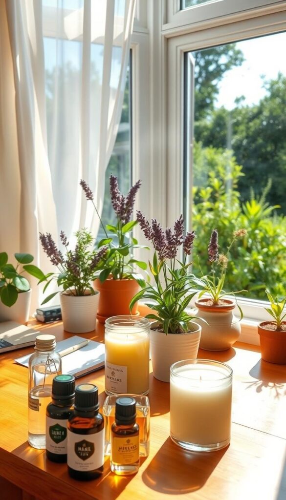 A sun-drenched, airy workspace with an inviting array of summer-inspired scents. In the foreground, an assortment of essential oils and scented candles in warm citrus, fresh herbs, and floral notes, artfully arranged on a wooden desk. In the middle ground, potted plants and sprigs of lavender emit gentle, calming fragrances, complemented by the soft diffused light filtering through sheer white curtains. The background features an open window overlooking a verdant garden, hinting at the breezy, outdoor ambiance. The overall atmosphere evokes a sense of tranquility and creativity, perfect for sparking inspiration in the warm embrace of the summer season. A sun-drenched, airy workspace with an inviting array of summer-inspired scents. In the foreground, an assortment of essential oils and scented candles in warm citrus, fresh herbs, and floral notes, artfully arranged on a wooden desk. In the middle ground, potted plants and sprigs of lavender emit gentle, calming fragrances, complemented by the soft diffused light filtering through sheer white curtains. The background features an open window overlooking a verdant garden, hinting at the breezy, outdoor ambiance. The overall atmosphere evokes a sense of tranquility and creativity, perfect for sparking inspiration in the warm embrace of the summer season.