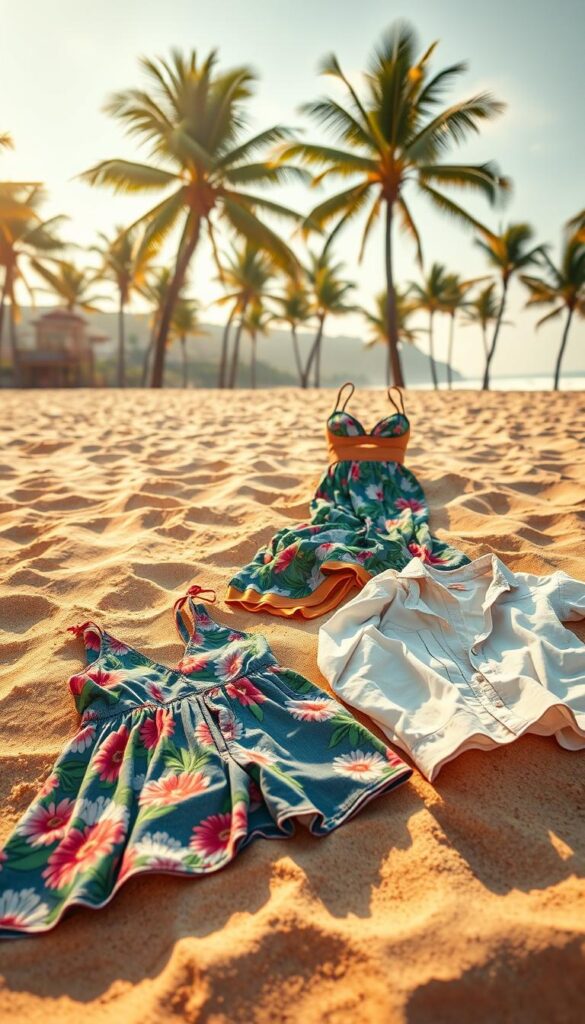 A sun-drenched beach scene, with a captivating display of summer vacation outfits laid out on the golden sand. In the foreground, a vibrant floral sundress, a pair of denim shorts, and a lightweight linen shirt. In the middle ground, a stylish swimsuit in a bold tropical print, a flowing maxi skirt, and a breezy crop top. In the background, a picturesque palm tree-lined coastline, with a warm, hazy glow casting a soft, dreamy light over the entire scene. The overall mood is one of carefree summer bliss, inviting the viewer to imagine themselves packing for their next seaside getaway. A sun-drenched beach scene, with a captivating display of summer vacation outfits laid out on the golden sand. In the foreground, a vibrant floral sundress, a pair of denim shorts, and a lightweight linen shirt. In the middle ground, a stylish swimsuit in a bold tropical print, a flowing maxi skirt, and a breezy crop top. In the background, a picturesque palm tree-lined coastline, with a warm, hazy glow casting a soft, dreamy light over the entire scene. The overall mood is one of carefree summer bliss, inviting the viewer to imagine themselves packing for their next seaside getaway.