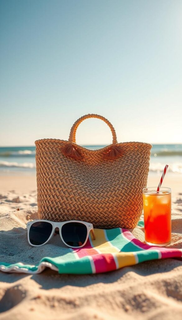 A sun-drenched beach scene with a woven straw tote bag, a pair of retro-inspired sunglasses, a colorful beach towel, and a refreshing beverage on the sand. In the background, a clear blue sky and gently lapping waves along the shore. The lighting is warm and golden, creating a serene and relaxing atmosphere. The composition captures the essence of summer essentials - the perfect combination of functionality and stylish aesthetic. A sun-drenched beach scene with a woven straw tote bag, a pair of retro-inspired sunglasses, a colorful beach towel, and a refreshing beverage on the sand. In the background, a clear blue sky and gently lapping waves along the shore. The lighting is warm and golden, creating a serene and relaxing atmosphere. The composition captures the essence of summer essentials - the perfect combination of functionality and stylish aesthetic.