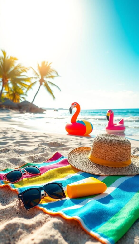 A sun-drenched beach scene with sand and surf essentials laid out in the foreground. In the center, a colorful beach towel, sunglasses, sunscreen, and a wide-brimmed hat. Nearby, a vibrant beach ball and a playful inflatable flamingo float in the gentle waves. The background features a picturesque coastline with swaying palm trees, a clear blue sky, and a warm, golden light illuminating the whole scene. The overall mood is one of relaxation, fun, and the carefree spirit of summer. A sun-drenched beach scene with sand and surf essentials laid out in the foreground. In the center, a colorful beach towel, sunglasses, sunscreen, and a wide-brimmed hat. Nearby, a vibrant beach ball and a playful inflatable flamingo float in the gentle waves. The background features a picturesque coastline with swaying palm trees, a clear blue sky, and a warm, golden light illuminating the whole scene. The overall mood is one of relaxation, fun, and the carefree spirit of summer.
