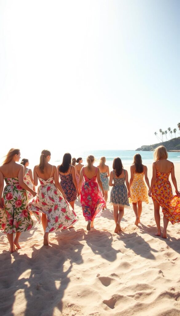 A sun-drenched beach, the gentle waves lapping at the shore. In the foreground, a collection of vibrant summer dresses sway in the warm breeze. Floral patterns, breezy fabrics, and playful silhouettes invite the viewer to imagine themselves twirling in the sand, carefree and joyful. The middle ground features a group of models, their faces turned away, showcasing the dresses in a natural, candid setting. In the background, a picturesque coastline with palm trees and a clear, azure sky create a serene, idyllic atmosphere. The lighting is soft and diffused, casting a warm, golden glow over the entire scene. The camera angle is slightly elevated, offering a slightly bird's-eye view that captures the full essence of the beachwear collection. A sun-drenched beach, the gentle waves lapping at the shore. In the foreground, a collection of vibrant summer dresses sway in the warm breeze. Floral patterns, breezy fabrics, and playful silhouettes invite the viewer to imagine themselves twirling in the sand, carefree and joyful. The middle ground features a group of models, their faces turned away, showcasing the dresses in a natural, candid setting. In the background, a picturesque coastline with palm trees and a clear, azure sky create a serene, idyllic atmosphere. The lighting is soft and diffused, casting a warm, golden glow over the entire scene. The camera angle is slightly elevated, offering a slightly bird's-eye view that captures the full essence of the beachwear collection.