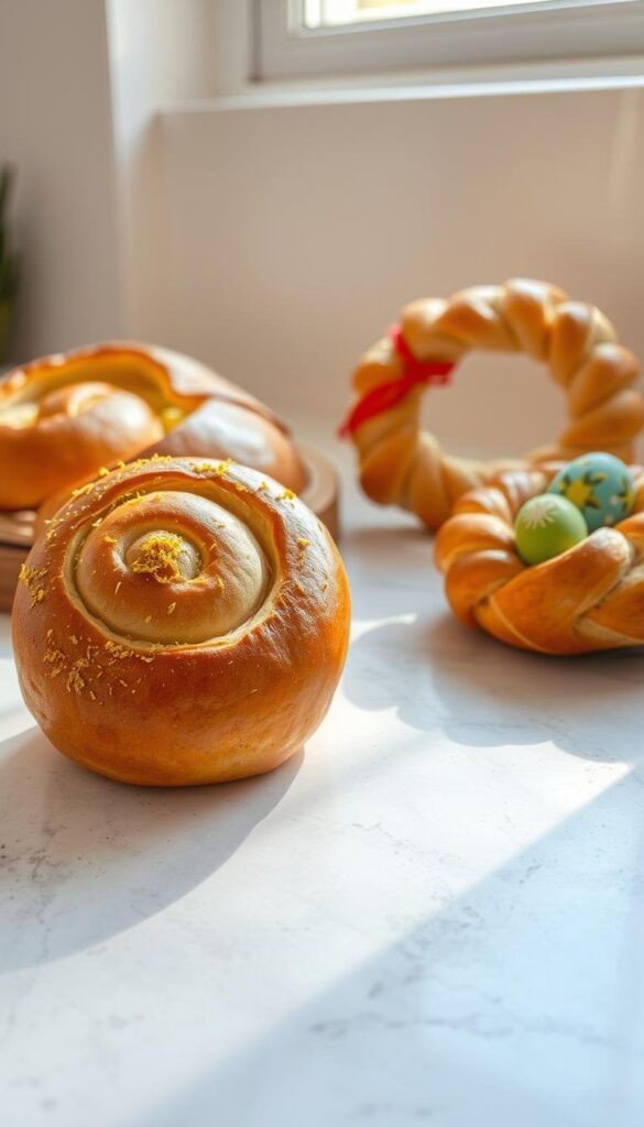 A sun-drenched kitchen counter showcases an array of freshly baked Mediterranean Easter breads. In the foreground, a golden-crusted loaf with a spiral design stands proudly, its surface dotted with fragrant lemon zest. Beside it, a braided wreath-shaped bread, its strands intertwined with vibrant saffron threads. In the middle ground, a round bread adorned with colorful painted eggs, reflecting the diverse cultural influences of the region. Soft, warm lighting casts a cozy, inviting glow, transporting the viewer to a welcoming Mediterranean home, where the aroma of freshly baked bread and spices mingle in the air, celebrating the joyous Easter festivities. A sun-drenched kitchen counter showcases an array of freshly baked Mediterranean Easter breads. In the foreground, a golden-crusted loaf with a spiral design stands proudly, its surface dotted with fragrant lemon zest. Beside it, a braided wreath-shaped bread, its strands intertwined with vibrant saffron threads. In the middle ground, a round bread adorned with colorful painted eggs, reflecting the diverse cultural influences of the region. Soft, warm lighting casts a cozy, inviting glow, transporting the viewer to a welcoming Mediterranean home, where the aroma of freshly baked bread and spices mingle in the air, celebrating the joyous Easter festivities.
