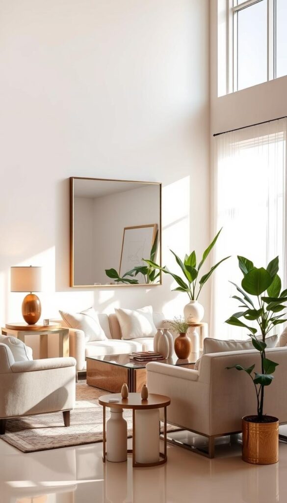 A sun-drenched modern living room featuring a striking contemporary mirror as the focal point. The mirror is sleek and rectangular, with a minimalist metallic frame that reflects the surrounding decor. Elegant furniture, including a plush sofa and armchairs, are arranged to showcase the mirror. Soft neutral tones, natural textures, and warm lighting create a calming, inviting atmosphere. Lush indoor plants and accent pieces such as vases and artwork add pops of greenery and visual interest. The overall scene exudes a sense of sophisticated, yet comfortable, style. A sun-drenched modern living room featuring a striking contemporary mirror as the focal point. The mirror is sleek and rectangular, with a minimalist metallic frame that reflects the surrounding decor. Elegant furniture, including a plush sofa and armchairs, are arranged to showcase the mirror. Soft neutral tones, natural textures, and warm lighting create a calming, inviting atmosphere. Lush indoor plants and accent pieces such as vases and artwork add pops of greenery and visual interest. The overall scene exudes a sense of sophisticated, yet comfortable, style.