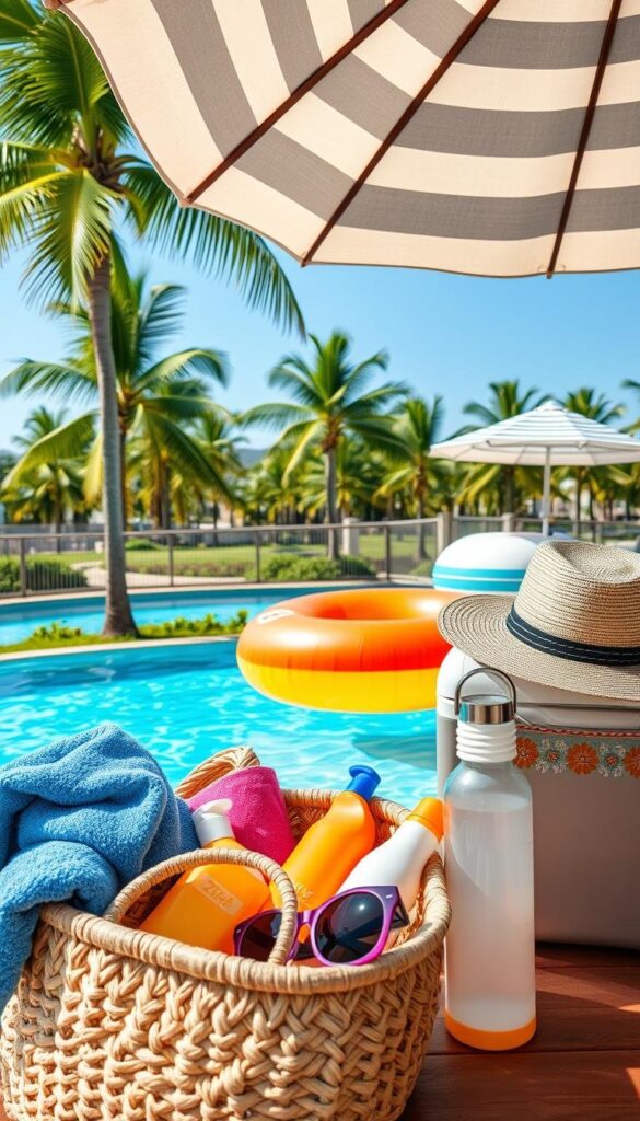 A sun-drenched outdoor scene, brimming with vibrant summer essentials. In the foreground, a woven straw beach tote overflows with plush beach towels, sunscreen bottles, and a pair of retro-inspired sunglasses. Nearby, a colorful inflatable pool float drifts lazily in a shimmering azure pool, while a sleek water bottle and a wide-brimmed sun hat sit atop a wooden picnic table. In the middle ground, a striped beach umbrella casts dappled shadows over a cooler filled with refreshing drinks. The background reveals a lush landscape of swaying palm trees and a clear blue sky, creating a serene and inviting atmosphere perfect for outdoor summer entertainment. A sun-drenched outdoor scene, brimming with vibrant summer essentials. In the foreground, a woven straw beach tote overflows with plush beach towels, sunscreen bottles, and a pair of retro-inspired sunglasses. Nearby, a colorful inflatable pool float drifts lazily in a shimmering azure pool, while a sleek water bottle and a wide-brimmed sun hat sit atop a wooden picnic table. In the middle ground, a striped beach umbrella casts dappled shadows over a cooler filled with refreshing drinks. The background reveals a lush landscape of swaying palm trees and a clear blue sky, creating a serene and inviting atmosphere perfect for outdoor summer entertainment.