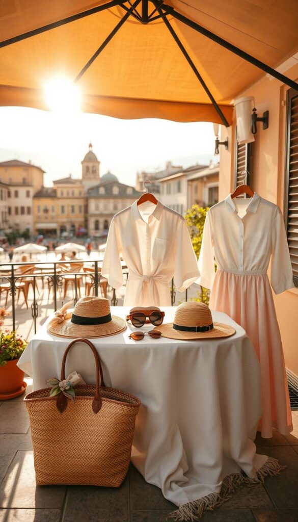 A sun-drenched patio overlooking a picturesque Italian piazza, with a table displaying a carefully curated collection of summer essentials for the European vacation wardrobe. Crisp white button-down shirts, flowing midi skirts in soft pastels, sleek leather sandals, and a selection of stylish sunglasses and straw hats. In the foreground, a woven tote bag and a delicate silk scarf add the finishing touches to the effortlessly chic ensemble. Warm, golden lighting casts a romantic glow, evoking the timeless allure of la dolce vita. A sun-drenched patio overlooking a picturesque Italian piazza, with a table displaying a carefully curated collection of summer essentials for the European vacation wardrobe. Crisp white button-down shirts, flowing midi skirts in soft pastels, sleek leather sandals, and a selection of stylish sunglasses and straw hats. In the foreground, a woven tote bag and a delicate silk scarf add the finishing touches to the effortlessly chic ensemble. Warm, golden lighting casts a romantic glow, evoking the timeless allure of la dolce vita.