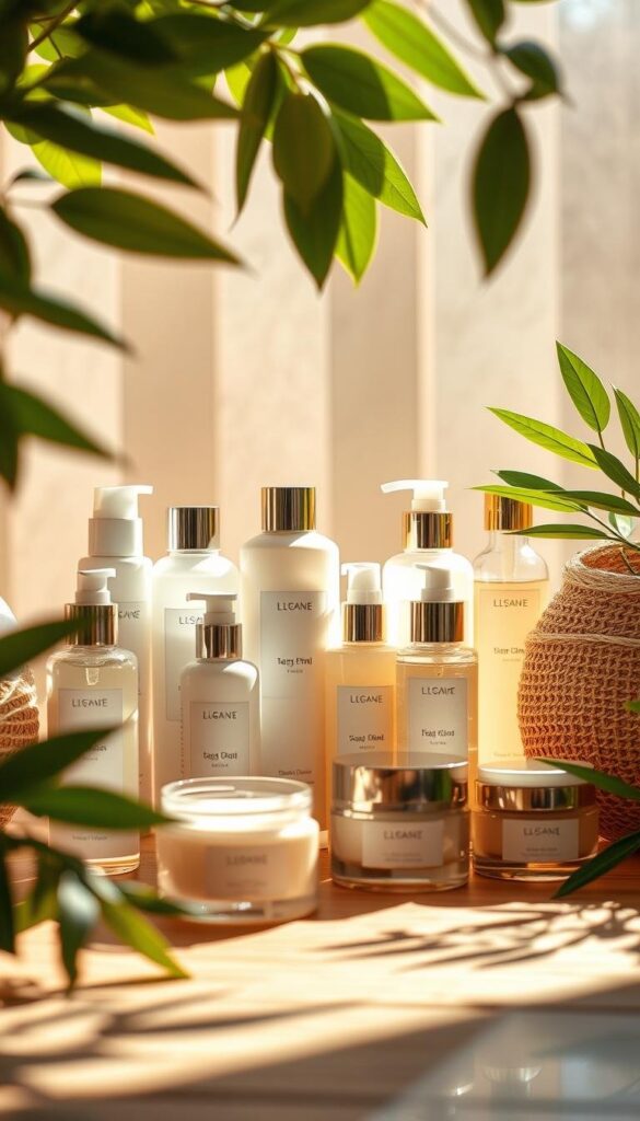 A sun-drenched still life of summer skincare essentials, captured in warm, natural lighting. In the foreground, an array of glass bottles and jars filled with luxurious lotions, serums, and creams in soothing pastel hues. Textured wooden surfaces and lush green leaves frame the scene, creating a calming, spa-like atmosphere. Soft shadows and highlights accentuate the refined, high-end aesthetic. The composition is balanced and visually appealing, drawing the viewer's attention to the array of carefully curated summer skincare products. An inspirational image that captures the essence of effortless summer self-care. A sun-drenched still life of summer skincare essentials, captured in warm, natural lighting. In the foreground, an array of glass bottles and jars filled with luxurious lotions, serums, and creams in soothing pastel hues. Textured wooden surfaces and lush green leaves frame the scene, creating a calming, spa-like atmosphere. Soft shadows and highlights accentuate the refined, high-end aesthetic. The composition is balanced and visually appealing, drawing the viewer's attention to the array of carefully curated summer skincare products. An inspirational image that captures the essence of effortless summer self-care.