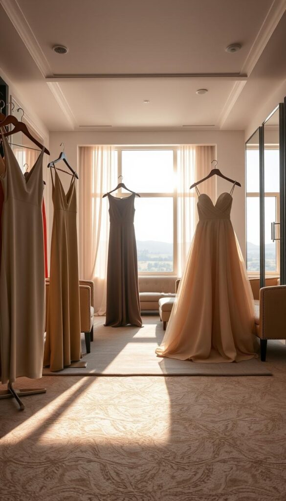 A sunlit and elegant graduation dress selection scene. In the foreground, a serene display of diverse, tasteful dress options - sleek sheath, flowing A-line, structured ball gown. The middle ground features a well-appointed dressing room, with full-length mirrors, plush seating, and soft ambient lighting. In the background, a large window frames an idyllic outdoor landscape, hinting at the celebratory occasion. The overall mood is one of refined sophistication, as the viewer envisions the perfect dress for this momentous milestone. Crisp, high-resolution photograph captured with a 50mm lens, showcasing the textures, drapes, and colors of the garments in exquisite detail. A sunlit and elegant graduation dress selection scene. In the foreground, a serene display of diverse, tasteful dress options - sleek sheath, flowing A-line, structured ball gown. The middle ground features a well-appointed dressing room, with full-length mirrors, plush seating, and soft ambient lighting. In the background, a large window frames an idyllic outdoor landscape, hinting at the celebratory occasion. The overall mood is one of refined sophistication, as the viewer envisions the perfect dress for this momentous milestone. Crisp, high-resolution photograph captured with a 50mm lens, showcasing the textures, drapes, and colors of the garments in exquisite detail.
