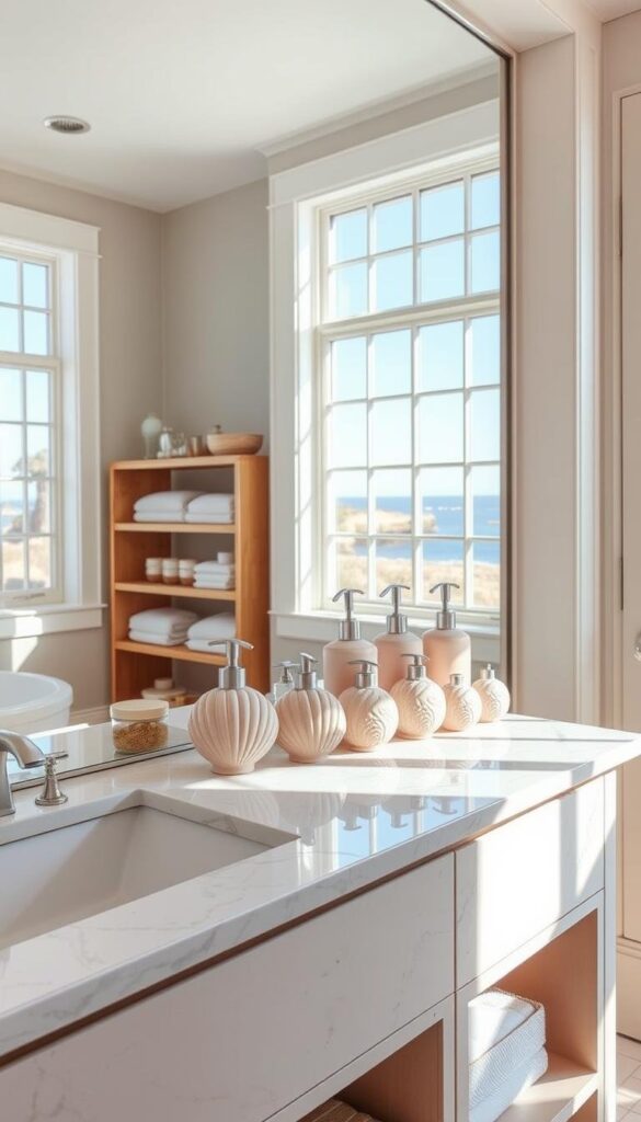 A sunlit bathroom with a sleek marble vanity, the surface adorned with an array of seashell-inspired soap dispensers. The dispensers, in varying hues of beige, pink, and ivory, stand atop a wooden storage unit, its shelves neatly organized with towels, jars, and other spa-like accents. The warm, natural lighting filters through large windows, casting a soft glow on the scene. The overall atmosphere exudes a serene, coastal charm, inviting relaxation and a sense of rejuvenation. A sunlit bathroom with a sleek marble vanity, the surface adorned with an array of seashell-inspired soap dispensers. The dispensers, in varying hues of beige, pink, and ivory, stand atop a wooden storage unit, its shelves neatly organized with towels, jars, and other spa-like accents. The warm, natural lighting filters through large windows, casting a soft glow on the scene. The overall atmosphere exudes a serene, coastal charm, inviting relaxation and a sense of rejuvenation.