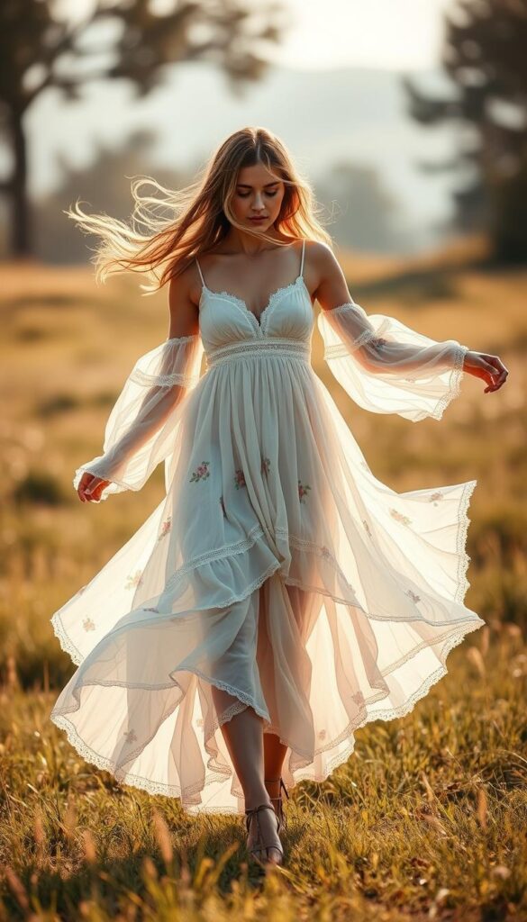 A sunlit summer meadow, the wind gently caressing flowing maxi dresses in soft, pastel hues. Layers of sheer, billowing fabrics sway with each step, creating a mesmerizing dance of effortless elegance. The dresses feature delicate floral patterns, ruffled accents, and asymmetric hemlines, exuding a relaxed, bohemian charm. In the foreground, a model twirls, her long hair cascading around her, capturing the essence of carefree summer days. The background blurs into a hazy, dreamlike landscape, with soft lighting casting a warm, golden glow over the scene. The overall mood is one of tranquility, inviting the viewer to imagine the gentle comfort and graceful movement of these flowy maxi dresses. A sunlit summer meadow, the wind gently caressing flowing maxi dresses in soft, pastel hues. Layers of sheer, billowing fabrics sway with each step, creating a mesmerizing dance of effortless elegance. The dresses feature delicate floral patterns, ruffled accents, and asymmetric hemlines, exuding a relaxed, bohemian charm. In the foreground, a model twirls, her long hair cascading around her, capturing the essence of carefree summer days. The background blurs into a hazy, dreamlike landscape, with soft lighting casting a warm, golden glow over the scene. The overall mood is one of tranquility, inviting the viewer to imagine the gentle comfort and graceful movement of these flowy maxi dresses.
