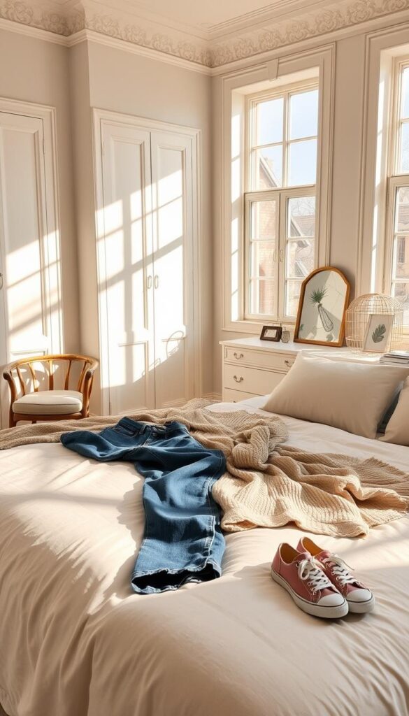 A sunny, airy bedroom interior with an elegant yet relaxed vibe. In the foreground, a neatly made bed features soft, neutral-toned linens and a plush throw. On the bed, an array of effortless casual weekend outfits are artfully arranged - a pair of well-worn blue jeans, a cozy knit sweater, a flowy midi dress, and a pair of comfortable sneakers. Warm natural light filters in through large windows, casting a gentle glow on the scene. In the background, a simple white dresser displays a few personal trinkets, adding to the inviting atmosphere. The overall mood is one of understated sophistication and ease, perfectly capturing the essence of "Effortless Casual Weekend Combinations". A sunny, airy bedroom interior with an elegant yet relaxed vibe. In the foreground, a neatly made bed features soft, neutral-toned linens and a plush throw. On the bed, an array of effortless casual weekend outfits are artfully arranged - a pair of well-worn blue jeans, a cozy knit sweater, a flowy midi dress, and a pair of comfortable sneakers. Warm natural light filters in through large windows, casting a gentle glow on the scene. In the background, a simple white dresser displays a few personal trinkets, adding to the inviting atmosphere. The overall mood is one of understated sophistication and ease, perfectly capturing the essence of "Effortless Casual Weekend Combinations".