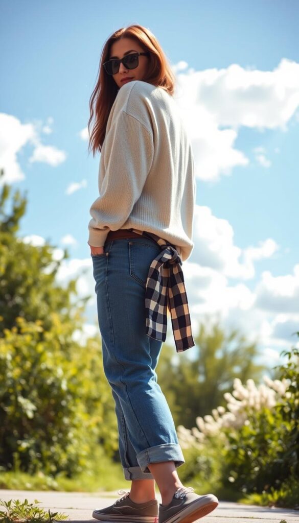 A sunny, casual spring afternoon filled with natural light. In the foreground, a laid-back outfit featuring a soft, lightweight sweater, cuffed boyfriend jeans, and comfortable sneakers. In the middle ground, a plaid button-down shirt tied casually around the waist. In the background, lush greenery and a bright blue sky with fluffy white clouds, creating a serene, relaxed ambiance. The overall mood is one of effortless style and carefree weekend vibes, perfect for transitioning from winter to spring. A sunny, casual spring afternoon filled with natural light. In the foreground, a laid-back outfit featuring a soft, lightweight sweater, cuffed boyfriend jeans, and comfortable sneakers. In the middle ground, a plaid button-down shirt tied casually around the waist. In the background, lush greenery and a bright blue sky with fluffy white clouds, creating a serene, relaxed ambiance. The overall mood is one of effortless style and carefree weekend vibes, perfect for transitioning from winter to spring.