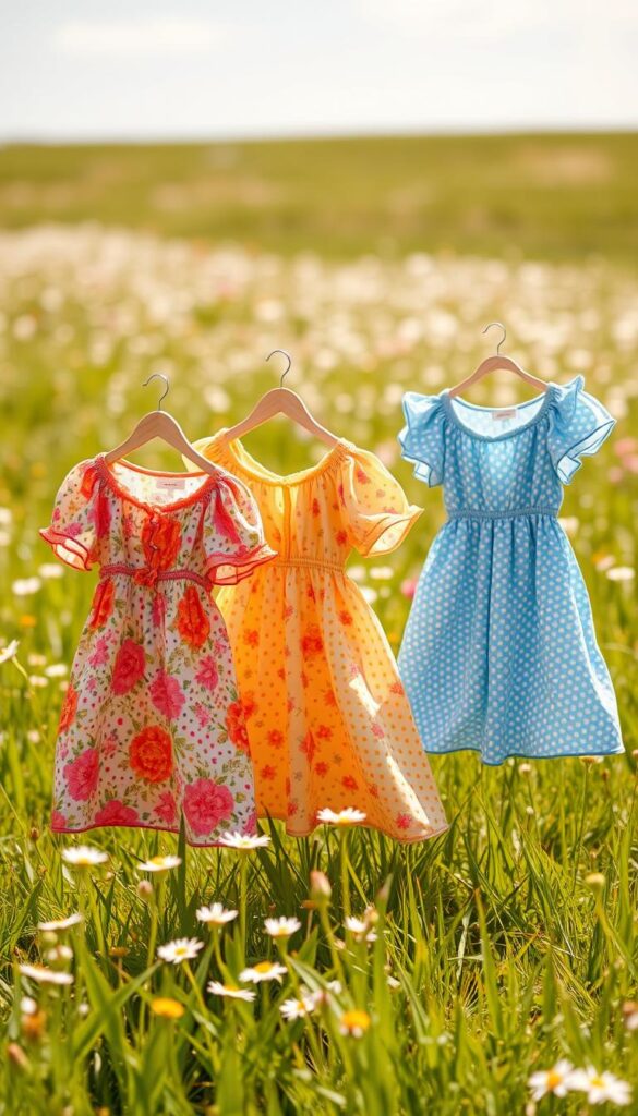 A sunny spring day, a lush green meadow dotted with blooming wildflowers. In the foreground, a collection of playful mini floral dresses sway gently in a soft breeze. Varied prints and patterns in vibrant hues of pink, yellow, and blue create a whimsical, youthful vibe. The dresses feature delicate ruffles, puff sleeves, and cinched waistlines, accentuating a carefree, feminine aesthetic. A warm, diffused lighting bathes the scene, casting a golden glow and gentle shadows that highlight the dresses' intricate details. The overall mood is one of joyful, effortless spring style, perfect for casual daytime activities or weekend outings. A sunny spring day, a lush green meadow dotted with blooming wildflowers. In the foreground, a collection of playful mini floral dresses sway gently in a soft breeze. Varied prints and patterns in vibrant hues of pink, yellow, and blue create a whimsical, youthful vibe. The dresses feature delicate ruffles, puff sleeves, and cinched waistlines, accentuating a carefree, feminine aesthetic. A warm, diffused lighting bathes the scene, casting a golden glow and gentle shadows that highlight the dresses' intricate details. The overall mood is one of joyful, effortless spring style, perfect for casual daytime activities or weekend outings.