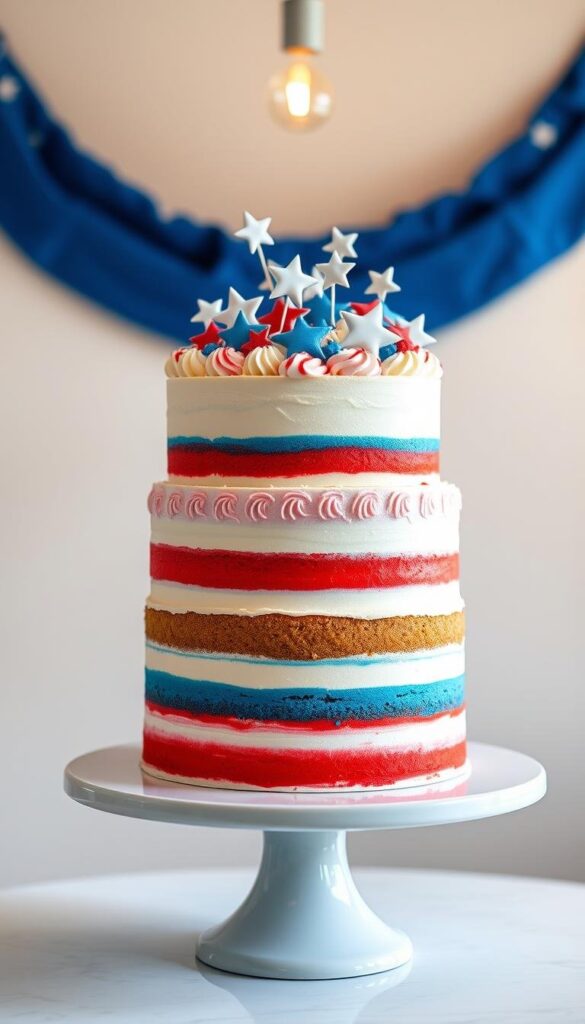 A tall, decorative three-tier red, white, and blue cake stands proudly on a gleaming white pedestal. The spongy layers are frosted in pristine white buttercream, with vibrant blue and red ombré stripes cascading down the sides. Atop the cake, an array of hand-piped stars and stripes in complementary shades dance across the surface, creating a captivating patriotic display. Soft, warm lighting from above casts a gentle glow, highlighting the cake's intricate details and lush textures. The scene exudes a sense of celebratory elegance, perfectly suited to grace the pages of a 4th of July baking feature. A tall, decorative three-tier red, white, and blue cake stands proudly on a gleaming white pedestal. The spongy layers are frosted in pristine white buttercream, with vibrant blue and red ombré stripes cascading down the sides. Atop the cake, an array of hand-piped stars and stripes in complementary shades dance across the surface, creating a captivating patriotic display. Soft, warm lighting from above casts a gentle glow, highlighting the cake's intricate details and lush textures. The scene exudes a sense of celebratory elegance, perfectly suited to grace the pages of a 4th of July baking feature.