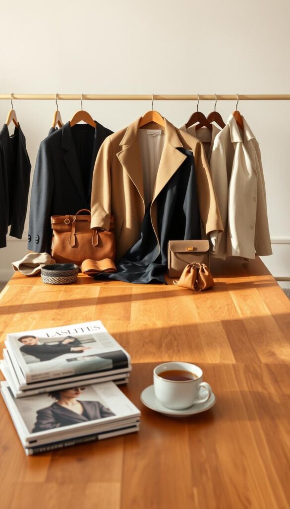 A thoughtfully curated capsule wardrobe, artfully arranged on a minimalist wood table. Elegant fabrics, timeless silhouettes, and carefully selected accessories create a visually striking display. Warm, soft lighting casts a gentle glow, highlighting the quality and versatility of each piece. In the foreground, a stack of fashion magazines and a cup of tea suggest a moment of contemplation, while the background features a clean, airy space with natural textures that complement the ensemble. This scene embodies the essence of smart, strategic shopping for a capsule wardrobe that stands the test of time. A thoughtfully curated capsule wardrobe, artfully arranged on a minimalist wood table. Elegant fabrics, timeless silhouettes, and carefully selected accessories create a visually striking display. Warm, soft lighting casts a gentle glow, highlighting the quality and versatility of each piece. In the foreground, a stack of fashion magazines and a cup of tea suggest a moment of contemplation, while the background features a clean, airy space with natural textures that complement the ensemble. This scene embodies the essence of smart, strategic shopping for a capsule wardrobe that stands the test of time.