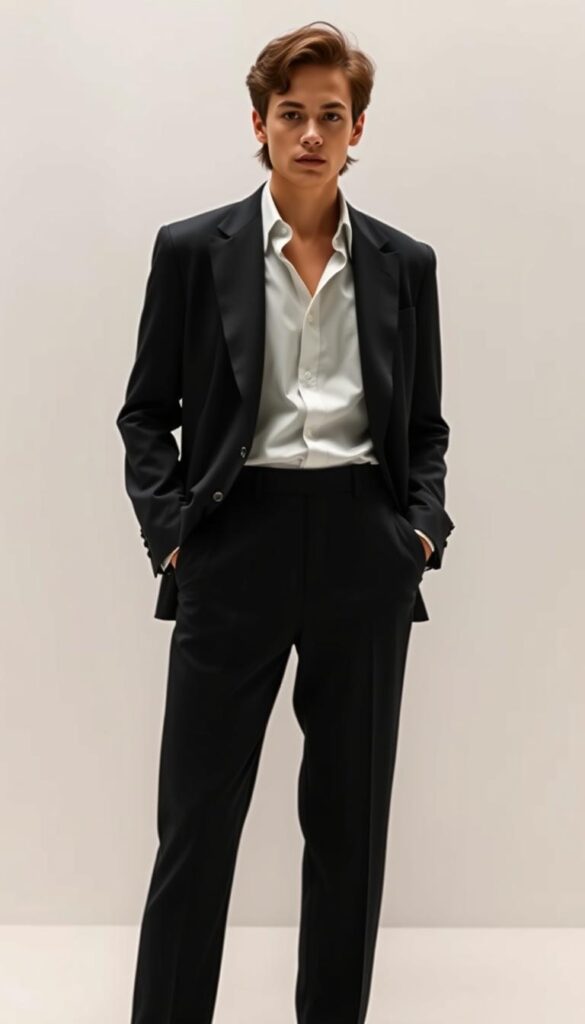 A timeless, chic all-black outfit set against a minimalist backdrop. In the foreground, a sleek, well-tailored blazer, crisp collared shirt, and slim-fit trousers create a sophisticated silhouette. The lighting is soft and flattering, highlighting the luxurious texture of the fabrics. In the middle ground, a pair of classic leather loafers grounds the look, while the background features a clean, neutral wall, allowing the outfit to take center stage. The overall mood is one of effortless elegance, demonstrating how an all-black ensemble can be both timeless and stylish. A timeless, chic all-black outfit set against a minimalist backdrop. In the foreground, a sleek, well-tailored blazer, crisp collared shirt, and slim-fit trousers create a sophisticated silhouette. The lighting is soft and flattering, highlighting the luxurious texture of the fabrics. In the middle ground, a pair of classic leather loafers grounds the look, while the background features a clean, neutral wall, allowing the outfit to take center stage. The overall mood is one of effortless elegance, demonstrating how an all-black ensemble can be both timeless and stylish.