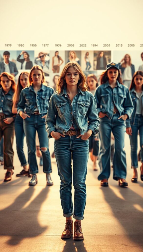 A timeless denim fashion evolution through the decades, captured in a visually striking image. In the foreground, a central figure dressed in various iconic denim outfits from the 1950s to the 2020s, showcasing the versatility and enduring appeal of this fabric. The middle ground features a collage of denim-centric fashion moments, from classic Levi's jeans to distressed boyfriend cuts to high-fashion runway looks. The background is a softly blurred timeline, hinting at the rich history and cultural significance of denim. Warm, nostalgic lighting casts a cinematic glow, while a subtle film grain adds a timeless, analog feel. The overall composition conveys the timeless, adaptable nature of denim as a fashion staple. A timeless denim fashion evolution through the decades, captured in a visually striking image. In the foreground, a central figure dressed in various iconic denim outfits from the 1950s to the 2020s, showcasing the versatility and enduring appeal of this fabric. The middle ground features a collage of denim-centric fashion moments, from classic Levi's jeans to distressed boyfriend cuts to high-fashion runway looks. The background is a softly blurred timeline, hinting at the rich history and cultural significance of denim. Warm, nostalgic lighting casts a cinematic glow, while a subtle film grain adds a timeless, analog feel. The overall composition conveys the timeless, adaptable nature of denim as a fashion staple.