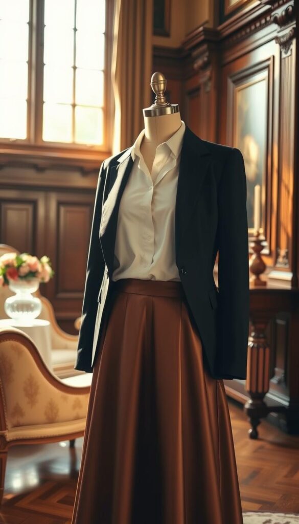 A timeless, elegant fashion editorial set in a stately manor. In the foreground, a mannequin showcases essential style pieces - a crisp white button-down shirt, a well-tailored black blazer, and a flowing midi skirt in a luxurious satin. The lighting is soft and warm, casting a golden glow that highlights the refined details. In the middle ground, a vintage chaise lounge and a delicate crystal vase of fresh flowers create an atmosphere of sophisticated refinement. The background features ornate moldings, rich wood paneling, and tall windows that flood the scene with natural light, evoking a sense of enduring, classic elegance. A timeless, elegant fashion editorial set in a stately manor. In the foreground, a mannequin showcases essential style pieces - a crisp white button-down shirt, a well-tailored black blazer, and a flowing midi skirt in a luxurious satin. The lighting is soft and warm, casting a golden glow that highlights the refined details. In the middle ground, a vintage chaise lounge and a delicate crystal vase of fresh flowers create an atmosphere of sophisticated refinement. The background features ornate moldings, rich wood paneling, and tall windows that flood the scene with natural light, evoking a sense of enduring, classic elegance.