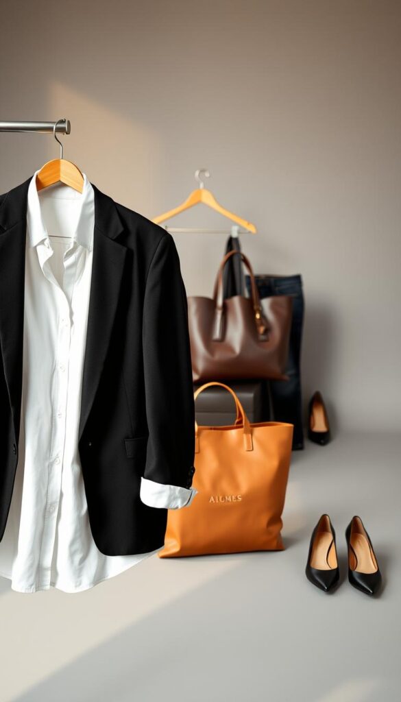 A timeless fashion wardrobe, captured in a stylish studio setting. In the foreground, a neatly folded white button-up shirt, a classic black blazer, and a well-tailored pair of dark denim jeans. In the middle ground, a sleek leather tote bag and a pair of elegant black pumps, symbolizing versatility and sophistication. The background features a minimalist gray backdrop, highlighting the simplicity and elegance of these wardrobe essentials. Soft, natural lighting casts a warm glow, creating a sense of timelessness and effortless style. The overall composition emphasizes the versatility and longevity of these capsule wardrobe pieces, perfect for the modern, effortlessly chic individual. A timeless fashion wardrobe, captured in a stylish studio setting. In the foreground, a neatly folded white button-up shirt, a classic black blazer, and a well-tailored pair of dark denim jeans. In the middle ground, a sleek leather tote bag and a pair of elegant black pumps, symbolizing versatility and sophistication. The background features a minimalist gray backdrop, highlighting the simplicity and elegance of these wardrobe essentials. Soft, natural lighting casts a warm glow, creating a sense of timelessness and effortless style. The overall composition emphasizes the versatility and longevity of these capsule wardrobe pieces, perfect for the modern, effortlessly chic individual.