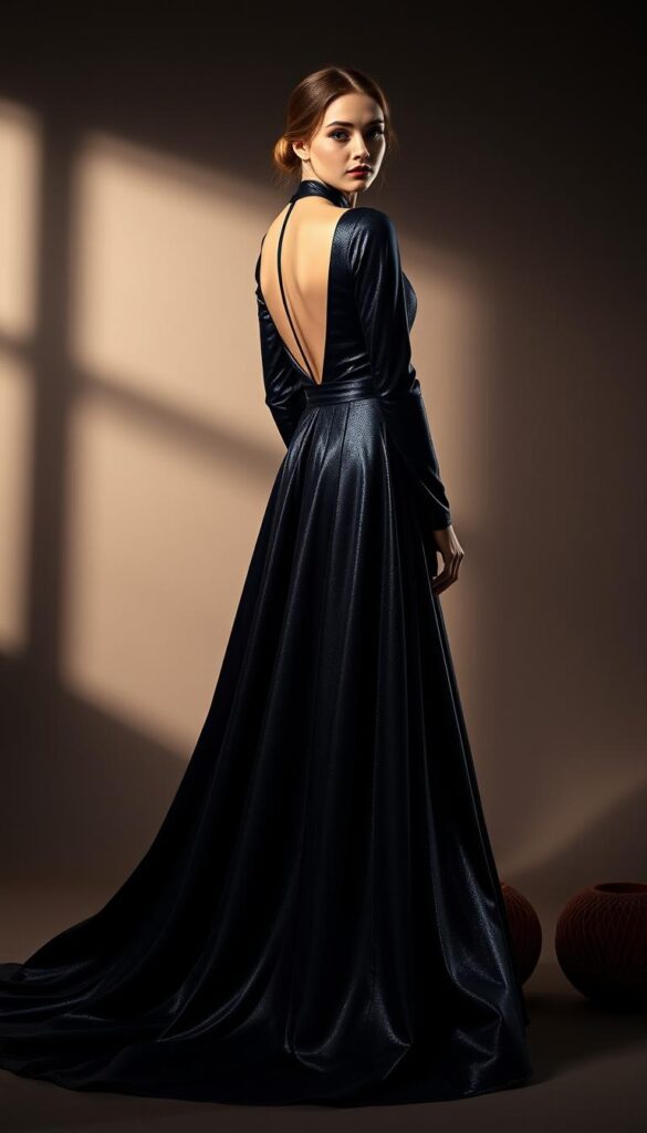 A timeless, floor-length gown with elegant, flowing lines and a luxurious, regal silhouette. The dress is crafted from a shimmering, high-quality fabric that catches the light, creating a captivating, ethereal quality. The deep, jewel-toned color of the gown evokes a sense of timeless sophistication. The dress is designed with a high neckline and long, dramatic sleeves, adding an air of refined, graceful femininity. The skirt cascades to the floor in soft, billowing folds, creating a sense of effortless, effortless elegance. The lighting is soft and romantic, illuminating the gown's intricate details and lending an air of timeless, enduring beauty. A timeless, floor-length gown with elegant, flowing lines and a luxurious, regal silhouette. The dress is crafted from a shimmering, high-quality fabric that catches the light, creating a captivating, ethereal quality. The deep, jewel-toned color of the gown evokes a sense of timeless sophistication. The dress is designed with a high neckline and long, dramatic sleeves, adding an air of refined, graceful femininity. The skirt cascades to the floor in soft, billowing folds, creating a sense of effortless, effortless elegance. The lighting is soft and romantic, illuminating the gown's intricate details and lending an air of timeless, enduring beauty.