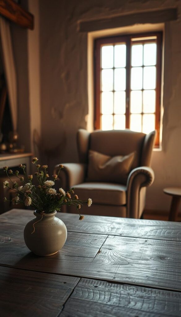 A tranquil scene of a cozy rustic interior, bathed in warm, soft lighting. The foreground features a worn wooden table, its surface adorned with a delicate arrangement of wildflowers in a simple ceramic vase, their petals slightly askew. In the middle ground, a plush, weathered armchair sits near a large window, its frame slightly crooked, casting a gentle glow. The background reveals a wall with uneven plaster, its texture and imperfections lending a sense of character and history. The overall atmosphere is one of understated elegance, where the beauty lies in the natural flaws and imperfections, embodying the wabi-sabi aesthetic. A tranquil scene of a cozy rustic interior, bathed in warm, soft lighting. The foreground features a worn wooden table, its surface adorned with a delicate arrangement of wildflowers in a simple ceramic vase, their petals slightly askew. In the middle ground, a plush, weathered armchair sits near a large window, its frame slightly crooked, casting a gentle glow. The background reveals a wall with uneven plaster, its texture and imperfections lending a sense of character and history. The overall atmosphere is one of understated elegance, where the beauty lies in the natural flaws and imperfections, embodying the wabi-sabi aesthetic.