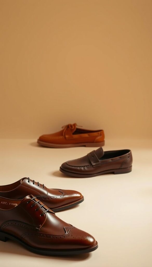 A trio of sophisticated leather footwear against a softly lit, minimalist backdrop. In the foreground, a pair of sleek, polished oxfords in a rich, chestnut hue, their clean lines and subtle brogue detailing exuding timeless elegance. Beside them, a set of refined, moccasin-style loafers in a deep, burnished tone, their supple suede texture evoking a sense of relaxed refinement. In the middle ground, a classic pair of tan leather wingtips, their intricate perforations and sculpted silhouette capturing the essence of understated sophistication. Overhead, a warm, diffused light creates a serene, contemplative atmosphere, emphasizing the tactile quality and inherent quality of these enduring footwear staples. A trio of sophisticated leather footwear against a softly lit, minimalist backdrop. In the foreground, a pair of sleek, polished oxfords in a rich, chestnut hue, their clean lines and subtle brogue detailing exuding timeless elegance. Beside them, a set of refined, moccasin-style loafers in a deep, burnished tone, their supple suede texture evoking a sense of relaxed refinement. In the middle ground, a classic pair of tan leather wingtips, their intricate perforations and sculpted silhouette capturing the essence of understated sophistication. Overhead, a warm, diffused light creates a serene, contemplative atmosphere, emphasizing the tactile quality and inherent quality of these enduring footwear staples.