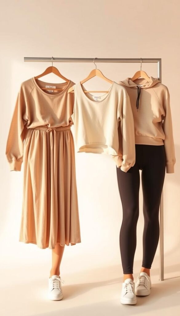 A versatile athleisure wardrobe featuring a soft, flowing midi skirt, a loose-fitting tank top, a cozy zip-up hoodie, comfortable high-waisted leggings, and a pair of sleek, minimal sneakers. The lighting is warm and diffused, casting a flattering glow on the fabrics. The camera angle is slightly elevated, creating a sense of calmness and ease. The background is a minimalist, light-colored space, allowing the essential pieces to take center stage. A versatile athleisure wardrobe featuring a soft, flowing midi skirt, a loose-fitting tank top, a cozy zip-up hoodie, comfortable high-waisted leggings, and a pair of sleek, minimal sneakers. The lighting is warm and diffused, casting a flattering glow on the fabrics. The camera angle is slightly elevated, creating a sense of calmness and ease. The background is a minimalist, light-colored space, allowing the essential pieces to take center stage.