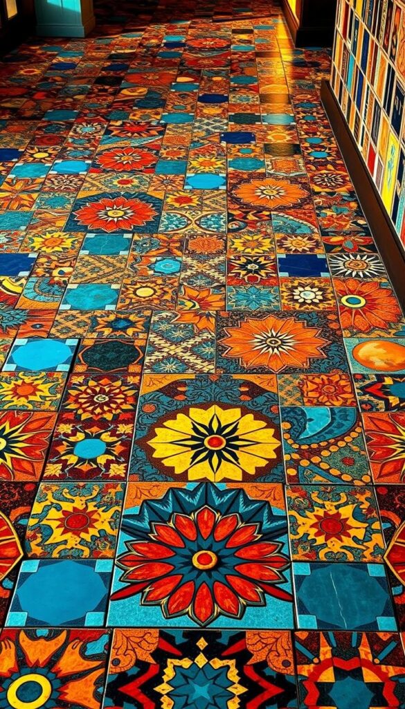 A vibrant and eclectic mosaic of floor tiles, featuring a bold interplay of geometric patterns and vibrant colors. The foreground showcases a captivating array of tessellated shapes, with intricate designs that dance across the surface, commanding attention. In the middle ground, the tiles transition seamlessly, blending complementary hues and textures to create a harmonious and visually striking composition. The background subtly fades, allowing the bold patterns to take center stage, creating a sense of depth and dimension. Warm, directional lighting accentuates the textures and highlights the dynamic interplay of light and shadow, evoking a sense of energy and movement. The overall effect is a maximalist, visually striking flooring solution that transforms the space into a bold, statement-making environment. A vibrant and eclectic mosaic of floor tiles, featuring a bold interplay of geometric patterns and vibrant colors. The foreground showcases a captivating array of tessellated shapes, with intricate designs that dance across the surface, commanding attention. In the middle ground, the tiles transition seamlessly, blending complementary hues and textures to create a harmonious and visually striking composition. The background subtly fades, allowing the bold patterns to take center stage, creating a sense of depth and dimension. Warm, directional lighting accentuates the textures and highlights the dynamic interplay of light and shadow, evoking a sense of energy and movement. The overall effect is a maximalist, visually striking flooring solution that transforms the space into a bold, statement-making environment.