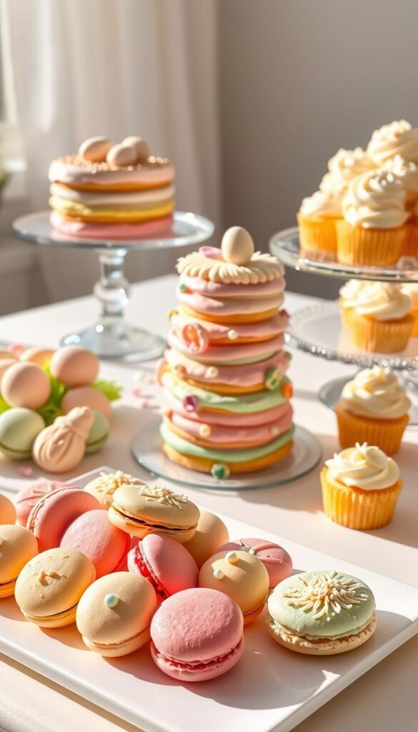 A vibrant and festive Easter spread featuring a variety of delectable homemade desserts. In the foreground, an assortment of colorful macarons and decorated sugar cookies are neatly arranged on a sleek white platter. In the middle ground, a towering layer cake is adorned with pastel-colored buttercream and shimmering edible decorations. The background showcases an elegant glass cake stand displaying a selection of lush, creamy cupcakes topped with piped rosettes and sprinkled with shredded coconut. Soft natural lighting casts a warm, inviting glow over the scene, highlighting the intricate textures and mouthwatering details of the desserts. The overall presentation exudes a sense of artistry, creativity, and the joy of Easter celebrations. A vibrant and festive Easter spread featuring a variety of delectable homemade desserts. In the foreground, an assortment of colorful macarons and decorated sugar cookies are neatly arranged on a sleek white platter. In the middle ground, a towering layer cake is adorned with pastel-colored buttercream and shimmering edible decorations. The background showcases an elegant glass cake stand displaying a selection of lush, creamy cupcakes topped with piped rosettes and sprinkled with shredded coconut. Soft natural lighting casts a warm, inviting glow over the scene, highlighting the intricate textures and mouthwatering details of the desserts. The overall presentation exudes a sense of artistry, creativity, and the joy of Easter celebrations.