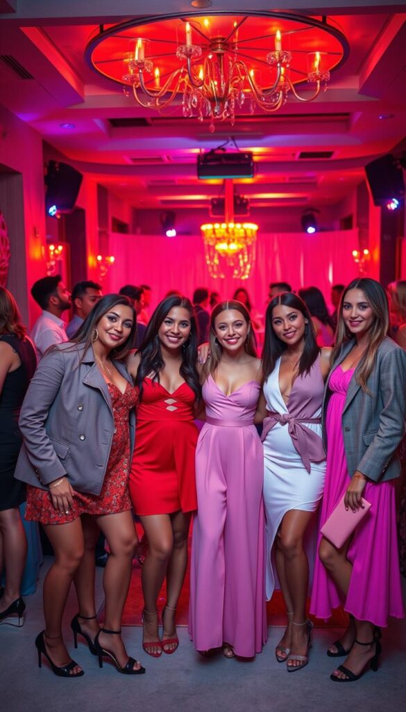 A vibrant and lively Valentine's party scene with a group of friends dressed in a variety of stylish outfits. In the foreground, a group of four people are gathered, their fashionable attire complementing the festive atmosphere. Dresses in shades of red, pink, and white, paired with sleek blazers and statement accessories, create a visually striking ensemble. In the middle ground, the party setting is illuminated by warm, ambient lighting, with a backdrop of elegant decor and a lively dance floor. The overall mood is one of celebration, joy, and camaraderie, capturing the essence of a memorable Valentine's group gathering. A vibrant and lively Valentine's party scene with a group of friends dressed in a variety of stylish outfits. In the foreground, a group of four people are gathered, their fashionable attire complementing the festive atmosphere. Dresses in shades of red, pink, and white, paired with sleek blazers and statement accessories, create a visually striking ensemble. In the middle ground, the party setting is illuminated by warm, ambient lighting, with a backdrop of elegant decor and a lively dance floor. The overall mood is one of celebration, joy, and camaraderie, capturing the essence of a memorable Valentine's group gathering.