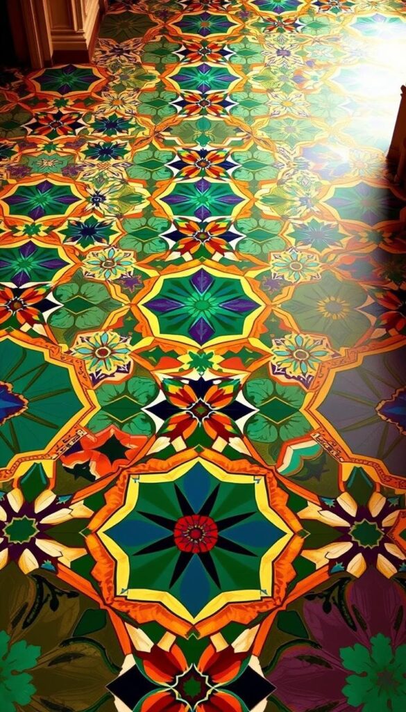 A vibrant and lush maximalist floor design, featuring an intricate mosaic of geometric patterns and rich, saturated colors. The foreground showcases a kaleidoscopic array of diamond, hexagonal, and chevron-shaped tiles in a bold, jewel-toned palette of emerald, sapphire, amethyst, and topaz. The middle ground displays a harmonious blend of curving, interlocking shapes that create a mesmerizing visual rhythm. In the background, the floor transitions into a subtler design with a repeating floral motif, adding depth and texture to the composition. Warm, diffused lighting casts a soft, inviting glow across the entire scene, heightening the luxurious, immersive atmosphere. A vibrant and lush maximalist floor design, featuring an intricate mosaic of geometric patterns and rich, saturated colors. The foreground showcases a kaleidoscopic array of diamond, hexagonal, and chevron-shaped tiles in a bold, jewel-toned palette of emerald, sapphire, amethyst, and topaz. The middle ground displays a harmonious blend of curving, interlocking shapes that create a mesmerizing visual rhythm. In the background, the floor transitions into a subtler design with a repeating floral motif, adding depth and texture to the composition. Warm, diffused lighting casts a soft, inviting glow across the entire scene, heightening the luxurious, immersive atmosphere.