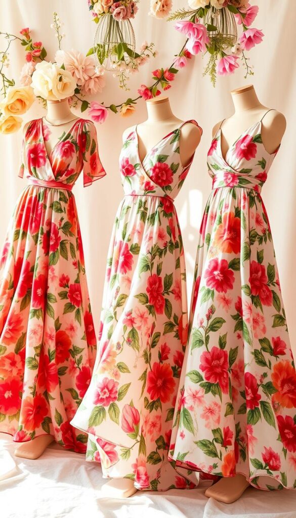A vibrant and lush spring-inspired collection of maxi floral dresses, captured in a soft, diffused lighting that creates a dreamlike atmosphere. The dresses feature a variety of bold, intricate floral patterns in a range of springtime hues, from delicate pastels to rich, jewel-toned blooms. The flowing, voluminous silhouettes and graceful movement of the fabrics convey a sense of effortless elegance, perfect for a warm, sunny day. The dresses are showcased against a delicate, airy background, allowing the floral designs to take center stage and create a visually stunning, serene, and romantic scene. A vibrant and lush spring-inspired collection of maxi floral dresses, captured in a soft, diffused lighting that creates a dreamlike atmosphere. The dresses feature a variety of bold, intricate floral patterns in a range of springtime hues, from delicate pastels to rich, jewel-toned blooms. The flowing, voluminous silhouettes and graceful movement of the fabrics convey a sense of effortless elegance, perfect for a warm, sunny day. The dresses are showcased against a delicate, airy background, allowing the floral designs to take center stage and create a visually stunning, serene, and romantic scene.