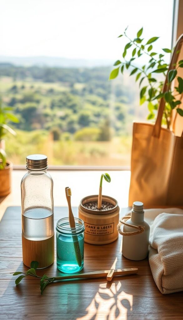 A vibrant and serene scene showcasing the benefits of green living products. In the foreground, an assortment of sustainable household items - a reusable water bottle, a bamboo toothbrush, and a natural fiber tote bag - are arranged on a wooden table, bathed in warm, natural lighting. In the middle ground, a flourishing indoor plant casts a gentle shadow, symbolizing the environmental impact of these eco-friendly choices. The background features a panoramic view of a lush, verdant landscape, conveying a sense of harmony between nature and modern living. The overall composition exudes a calming, mindful atmosphere, inviting the viewer to consider the advantages of incorporating sustainable materials into their daily lives. A vibrant and serene scene showcasing the benefits of green living products. In the foreground, an assortment of sustainable household items - a reusable water bottle, a bamboo toothbrush, and a natural fiber tote bag - are arranged on a wooden table, bathed in warm, natural lighting. In the middle ground, a flourishing indoor plant casts a gentle shadow, symbolizing the environmental impact of these eco-friendly choices. The background features a panoramic view of a lush, verdant landscape, conveying a sense of harmony between nature and modern living. The overall composition exudes a calming, mindful atmosphere, inviting the viewer to consider the advantages of incorporating sustainable materials into their daily lives.