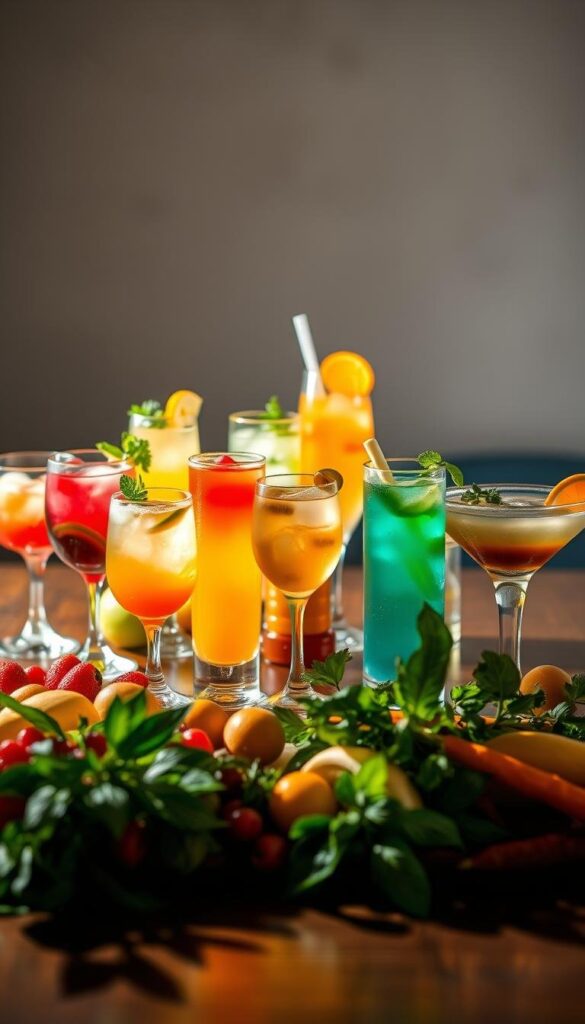 A vibrant array of refreshing non-alcoholic mocktail options, artfully arranged on a wooden table. In the foreground, a selection of colorful fruits, herbs, and garnishes, casting natural shadows. The middle ground features a variety of glassware, from tall collins glasses to stemmed coupes, filled with tempting, layered concoctions. Soft, diffused lighting from above illuminates the scene, creating a warm, inviting atmosphere. The background is blurred, allowing the vibrant mocktail display to take center stage. This image exudes a sense of sophistication and celebration, perfectly capturing the essence of the "Non-Alcoholic Mocktail Options" section. A vibrant array of refreshing non-alcoholic mocktail options, artfully arranged on a wooden table. In the foreground, a selection of colorful fruits, herbs, and garnishes, casting natural shadows. The middle ground features a variety of glassware, from tall collins glasses to stemmed coupes, filled with tempting, layered concoctions. Soft, diffused lighting from above illuminates the scene, creating a warm, inviting atmosphere. The background is blurred, allowing the vibrant mocktail display to take center stage. This image exudes a sense of sophistication and celebration, perfectly capturing the essence of the "Non-Alcoholic Mocktail Options" section.