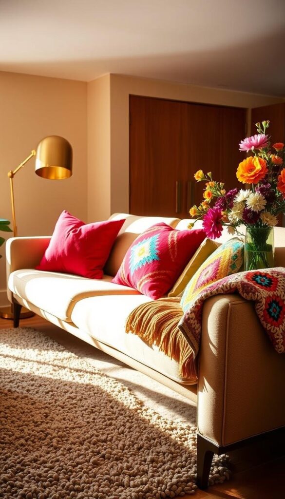 A vibrant array of retro-inspired accessories adorns a plush, mid-century modern sofa, bathed in warm, natural light. Velvety throw pillows in bold, saturated hues of crimson, turquoise, and mustard yellow, complemented by a knitted afghan in an eye-catching geometric pattern, create a cozy, inviting ambiance. A sculptural brass floor lamp casts a soft, golden glow, while a shag rug in a muted palette grounds the scene. Vintage-inspired glass vases filled with lush, colorful blooms add a touch of organic elegance, harmonizing with the sofa's sleek, curved silhouette. The overall composition reflects a harmonious blend of retro charm and contemporary sophistication. A vibrant array of retro-inspired accessories adorns a plush, mid-century modern sofa, bathed in warm, natural light. Velvety throw pillows in bold, saturated hues of crimson, turquoise, and mustard yellow, complemented by a knitted afghan in an eye-catching geometric pattern, create a cozy, inviting ambiance. A sculptural brass floor lamp casts a soft, golden glow, while a shag rug in a muted palette grounds the scene. Vintage-inspired glass vases filled with lush, colorful blooms add a touch of organic elegance, harmonizing with the sofa's sleek, curved silhouette. The overall composition reflects a harmonious blend of retro charm and contemporary sophistication.