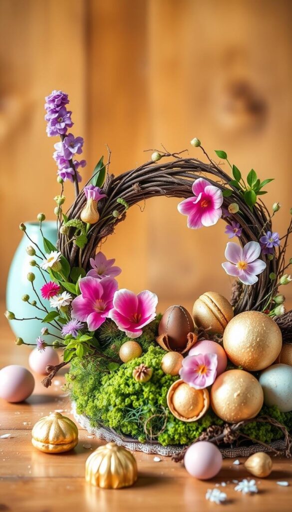 A vibrant, artfully styled still life showcasing a handcrafted Easter wreath adorned with an array of edible elements. The wreath is positioned in the foreground, featuring a lush base of fresh florals, moss, and vines, interspersed with delectable treats like colorful macarons, gourmet chocolates, and shimmering gold-dusted meringues. The middle ground features a warm, softly lit backdrop, hinting at a rustic, cozy setting, perhaps a wooden tabletop or textured wall. The lighting is natural and diffused, casting gentle shadows and highlights that accentuate the wreath's tactile details and the appetizing nature of the edible accents. The overall mood is one of springtime elegance, inviting the viewer to appreciate the creativity and craftsmanship of this delightful DIY Easter decoration. A vibrant, artfully styled still life showcasing a handcrafted Easter wreath adorned with an array of edible elements. The wreath is positioned in the foreground, featuring a lush base of fresh florals, moss, and vines, interspersed with delectable treats like colorful macarons, gourmet chocolates, and shimmering gold-dusted meringues. The middle ground features a warm, softly lit backdrop, hinting at a rustic, cozy setting, perhaps a wooden tabletop or textured wall. The lighting is natural and diffused, casting gentle shadows and highlights that accentuate the wreath's tactile details and the appetizing nature of the edible accents. The overall mood is one of springtime elegance, inviting the viewer to appreciate the creativity and craftsmanship of this delightful DIY Easter decoration.