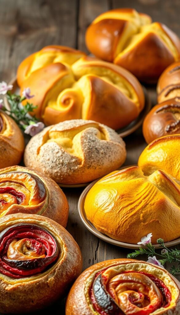 A vibrant assortment of freshly baked Easter breads, their golden crusts glistening under soft, diffused lighting. In the foreground, an array of richly colored doughs – crimson swirls of cherry, verdant flecks of pistachio, and a radiant yellow saffron loaf. In the middle ground, the breads are elegantly plated, their unique shapes and decorative flourishes showcasing the diversity of flavors. A backdrop of a rustic wooden table, its weathered surface complementing the warm, homey atmosphere. Hints of spring flowers and delicate herbs add pops of color, while the overall composition evokes the celebratory spirit of Easter. A vibrant assortment of freshly baked Easter breads, their golden crusts glistening under soft, diffused lighting. In the foreground, an array of richly colored doughs – crimson swirls of cherry, verdant flecks of pistachio, and a radiant yellow saffron loaf. In the middle ground, the breads are elegantly plated, their unique shapes and decorative flourishes showcasing the diversity of flavors. A backdrop of a rustic wooden table, its weathered surface complementing the warm, homey atmosphere. Hints of spring flowers and delicate herbs add pops of color, while the overall composition evokes the celebratory spirit of Easter.