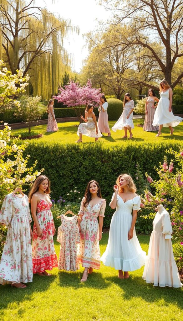 A vibrant collection of affordable floral dresses in a sun-dappled garden setting. In the foreground, a diverse array of flowing, feminine dresses in various pastel shades and patterns - delicate floral prints, soft chiffon, and subtly ruffled hems. The middle ground showcases the dresses in motion, models posing gracefully among a lush, blooming garden backdrop of towering trees, flourishing hedges, and a scattering of colorful spring flowers. Warm, diffused lighting bathes the scene, creating a soft, romantic atmosphere. The overall effect is one of effortless springtime elegance and accessible, stylish fashion. A vibrant collection of affordable floral dresses in a sun-dappled garden setting. In the foreground, a diverse array of flowing, feminine dresses in various pastel shades and patterns - delicate floral prints, soft chiffon, and subtly ruffled hems. The middle ground showcases the dresses in motion, models posing gracefully among a lush, blooming garden backdrop of towering trees, flourishing hedges, and a scattering of colorful spring flowers. Warm, diffused lighting bathes the scene, creating a soft, romantic atmosphere. The overall effect is one of effortless springtime elegance and accessible, stylish fashion.